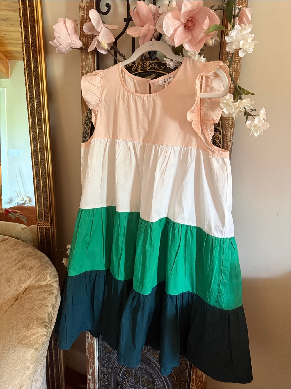 TCEC 100% Cotton Pink White Green Teal Colorblock Tiered Ruffle Sleeve Dress - Picture 2 of 9